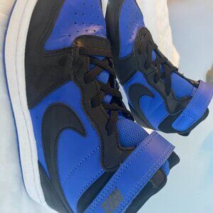 Nike sneaker- Blue and black white soles boys size 1 ankle strap elastic laces